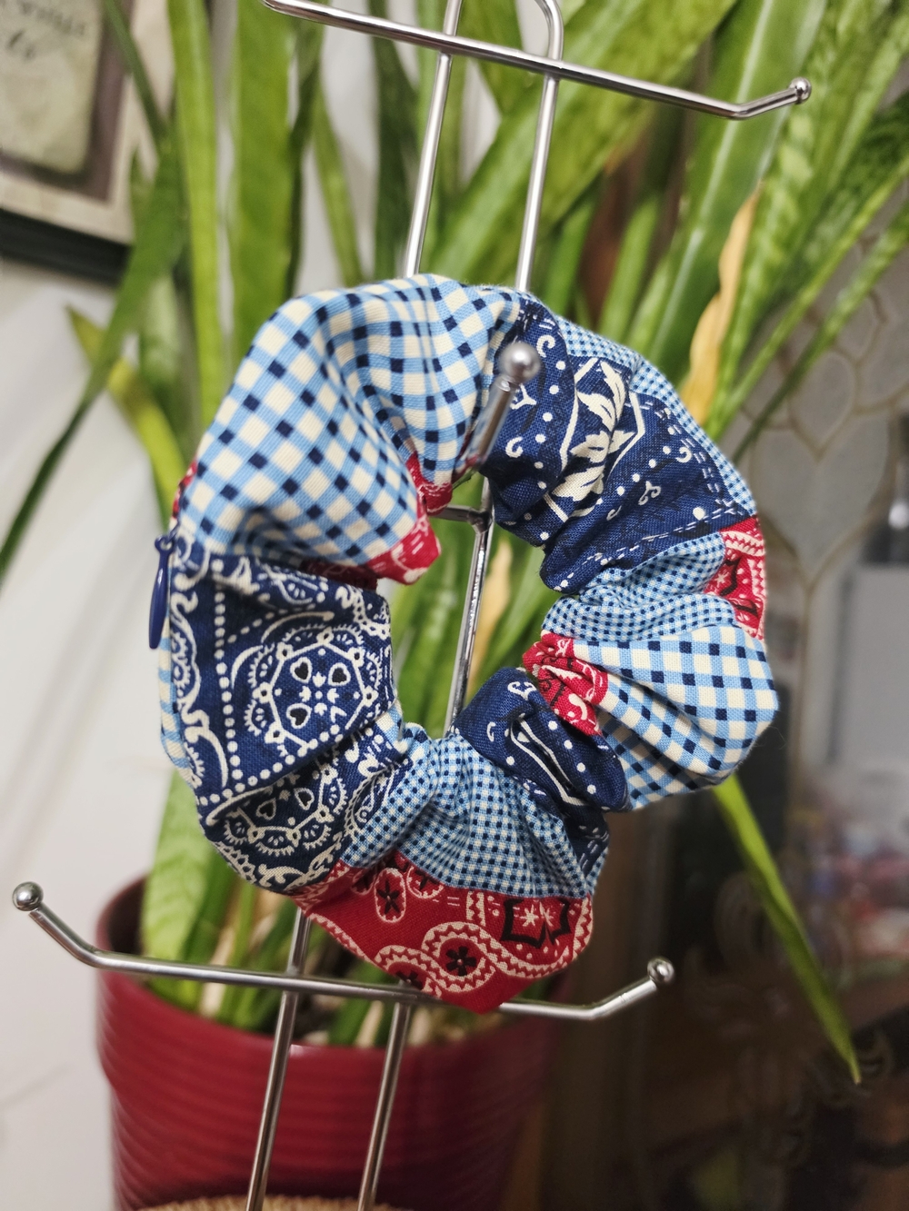 Patchwork Bandana Print Scrunchie - Blue, Red, White . Has Hidden Zipper Pocket!